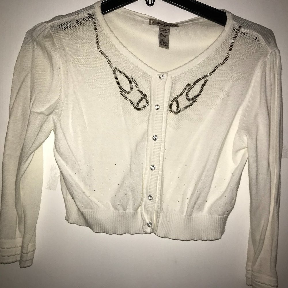 Vintage forever 21 - sz L - decorative embellished design on white button shrug